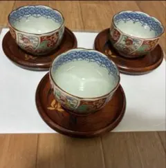 花柄陶器湯飲み３個、茶托 3個セット