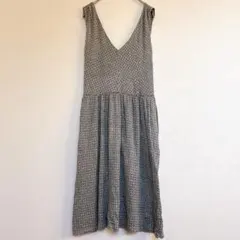 【LOFT】上品 Vネック 総柄ロングワンピース グレー L インポート