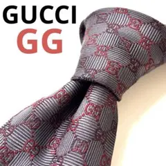 【現行】GUCCI 立体四角形RED GGパターン　ダークグレー　シルクネクタイ