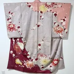 ◇2878◇アンティーク着物 振袖 錦紗縮緬 藤に牡丹 橘 紅絹 身丈144