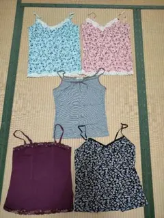 キャミソール 5点セット 水色 ピンク 黒 ストライプ