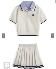 ポロニットトップス×プリーツミニスカートセットアップ グレイル Lサイズ