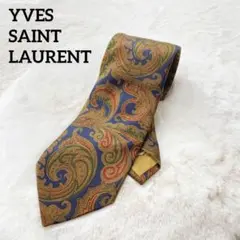 美品　イヴサンローラン　ネクタイ　シルク　光沢　ペイズリー　ゴールド　ネイビー