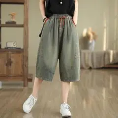 デニム テーパードパンツ 大きいサイズ ショートパンツ 配色 オシャレ 夏物