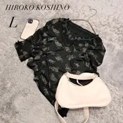 ヒロココシノ/ブラウス/長袖/日本製/総柄/花柄/Vネック/黒/Ｌサイズ/