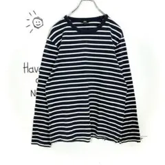 ユニクロ UNIQLO ボーダー長袖カットソー(M)コットン ネイビー Tシャツ