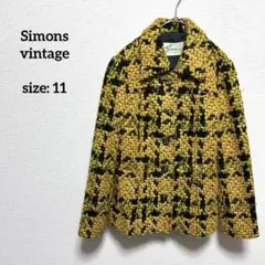 美品 レトロ ツイード ステンカラー ジャケット 11 コート イエロー 黒