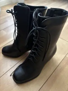 レースアップロングブーツ 黒　ヒール5.5cm