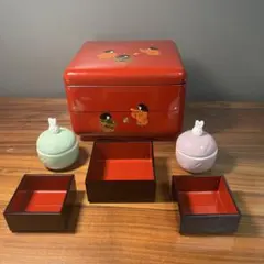 美品★重箱 二段 朱塗り 手まり・わらべ柄 お正月 お花見お祭り➕おまけ有✖️2