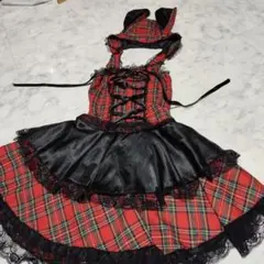 ゴスロリ・ロリータドレス 赤黒チェック　うさ耳付き　りぼん　ビスチェ