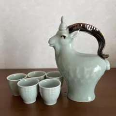 【未使用：47年前の希少品】　中国土産　青磁山羊（ヤギ）酒器セット　吉祥　縁起物