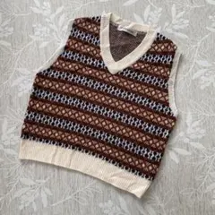 Elcaminoエルカミーノ　ニットベスト　Vネック　茶系　カジュアル　総柄