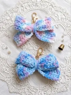ハンドメイド かぎ針編み リボン キーホルダー 2個セット