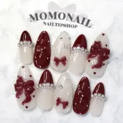 【374】現品ネイルチップクリスマス　ラメ　フレンチガーリー　赤　キルティング