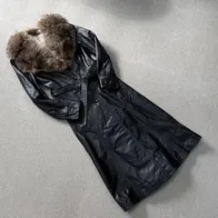 レディース　ブラックロング　レザーコート フード付き