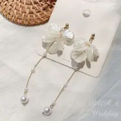 シェル花びらロングイヤリング/ピアス結婚式ブライダルウェディング前撮りお呼ばれa