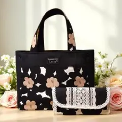 ハンドメイド トートバッグ＆長財布セット 黒花大柄 北欧風 帆布