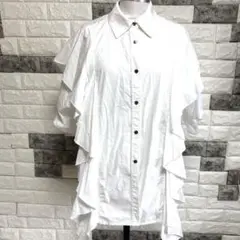 美品【JEANASIS 】ジーナシス半袖 シャツブラウスF白フリル大きめゆったりのサムネイル