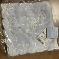 WEDGWOOD水色 花柄刺繍 スカラップエッジ ハンカチ