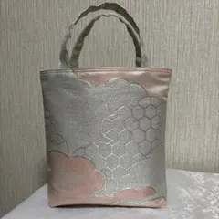 帯リメイクトートバッグ シルバーピンク小さ目