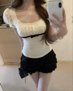 SHEIN パフスリーブ tシャツ レース リボン