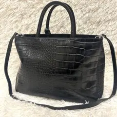 美品 フルラ FURLA 2way トートバッグ クロコ型押し ブラック