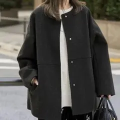 coen ライトメルトン ノーカラーミドルコート　ダークグレー