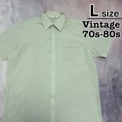 イギリス製　70s-80s　ドレスシャツ　半袖　L　ライトグリーン　無地　古着のサムネイル