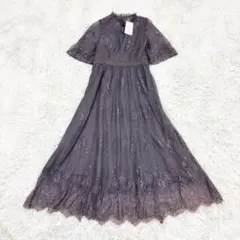 新品未使用 Leja 総レースプチフリルハイネックウエストマークロングドレス S