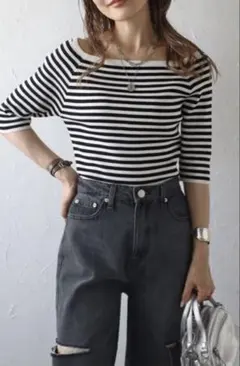 bonjour sagan スクエアネック五分袖リブニット　ボーダー　新品