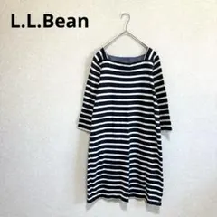 L.L.Bean スクエアネックワンピース ボーダー 綿100% 七分袖 紺 Lのサムネイル