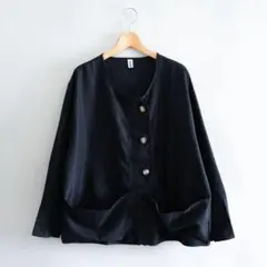 新品 お洒落デザイン 薄手ライトアウタージャケット ゆったり 襟なし/黒MLのサムネイル