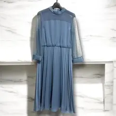 ブルー レース袖 プリーツワンピース