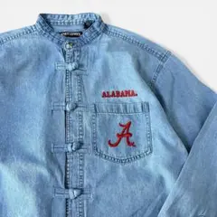 Vintage カンフーシャツ カレッジ 刺繍 チャイナ デニム シャツ 短丈L