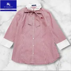 美品 バーバリーブルーレーベル シャツ ボウタイ ストライプ ブラウス ロゴ刺繍