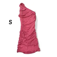 ピンク ノースリーブ ワンピース【S】ワンショルダー ドレス