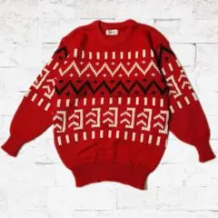 【セール】　Lサイズ 赤ニット ノルディック柄 90s 古着 レトロ