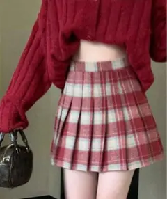 チェック柄 プリーツスカート Sサイズ レッド 韓国