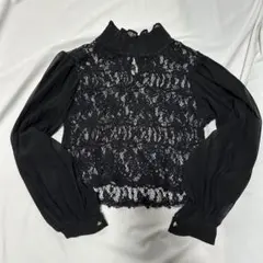 黒のレースハイネック長袖トップス ブラック レース レディース ブラウス
