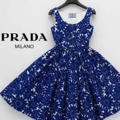 PRADA プラダ リネン プリーツ ワンピース 38 花モチーフ イタリア製 PRADA プラダ リネン プリーツ ワンピース 38 花モチーフ イタリア製