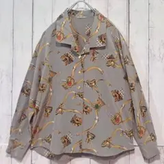 レトロ Line White スカーフ柄長袖シャツ 金ボタン 肩パット