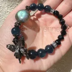 天然石　ハンドメイド　ブレスレット　ラブラドライト　蝶々　モリオン　フローライト