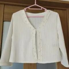 ✨美品✨透かし編み ボレロ風 カーディガン 白 パール レース 七分袖 М