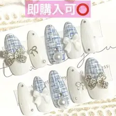 ネイルチップ現品オーダー量産型フレンチガーリー韓国ワンホンツイード青白水色スナ系