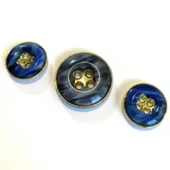 ㊼ ヴィンテージボタン 四つ穴 青 ゴールド マーブル ぷっくり レトロ 和風