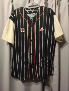 【ストライプ、ベースボールシャツ】adidasワンポイント刺繍ロゴ古着90s黒.のサムネイル