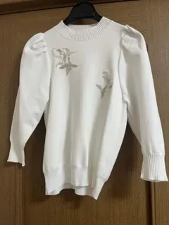 ジャスグリッティー　配色ビーズ刺繍プルオーバー　ホワイト　ニット