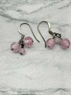 ★【フックピアス】ガラスビーズ・ピンク・3粒★