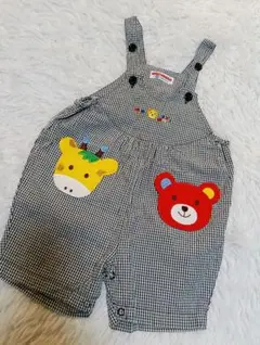 ミキハウス　ギンガムチェックサロペット　90 くま　キリン　昭和レトロ