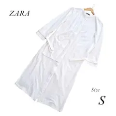 ZARA　ザラ　長袖シャツワンピース　ノーカラー　ポケット　オフホワイト